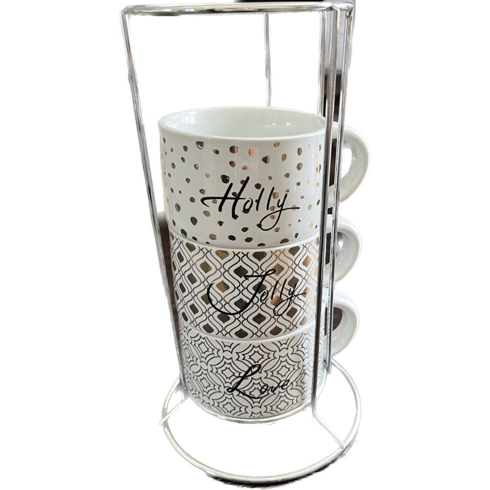 SET OF THREE WHITE COFFEE MUGS WITH DISPLAY STAND